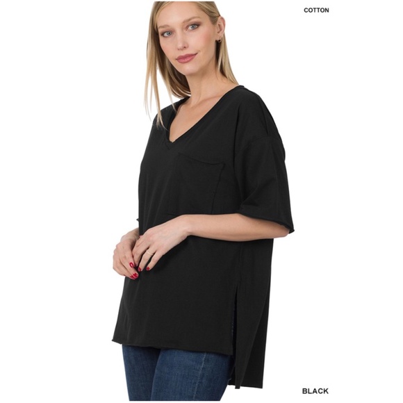 Zenana Solid Raw Edge Side Slit Loose Fit Cotton Tee - Picture 1 of 5